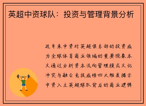 英超中资球队：投资与管理背景分析